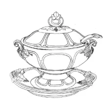 Huron Shape | William Adams & Sons | Sauce or Soup Tureen Base, Lid, Underplate, and Ladle | ItemDrw | 001