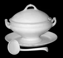 Plain Uplift | W. & E. Corn | Sauce or Soup Tureen Base, Lid, and Ladle | Item | 001